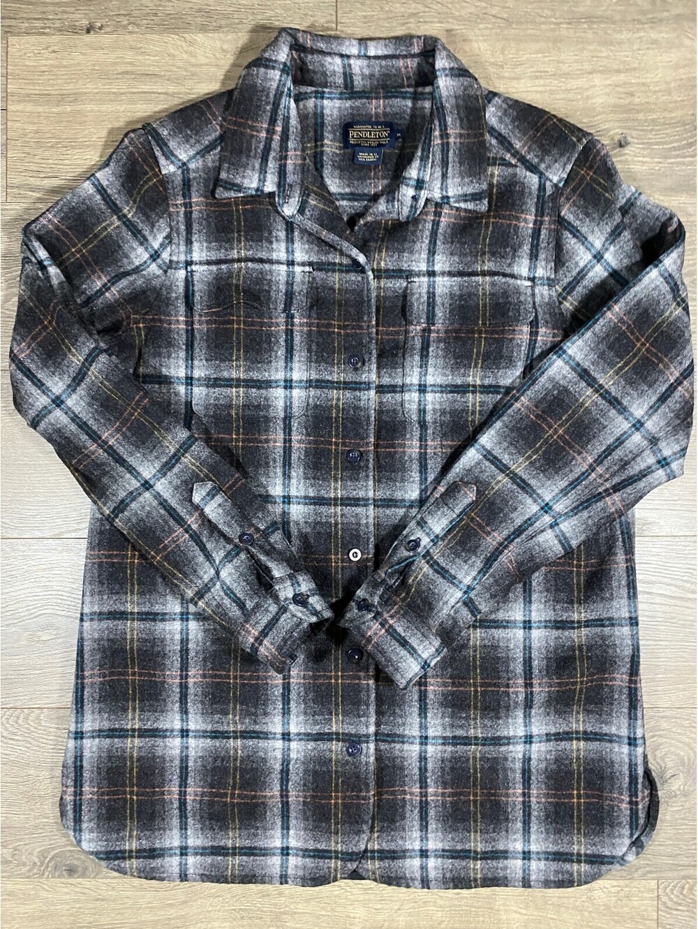 Pendleton Women’s M Plaid Flannel Shirt Gray Teal Orange USA Fabric 2018